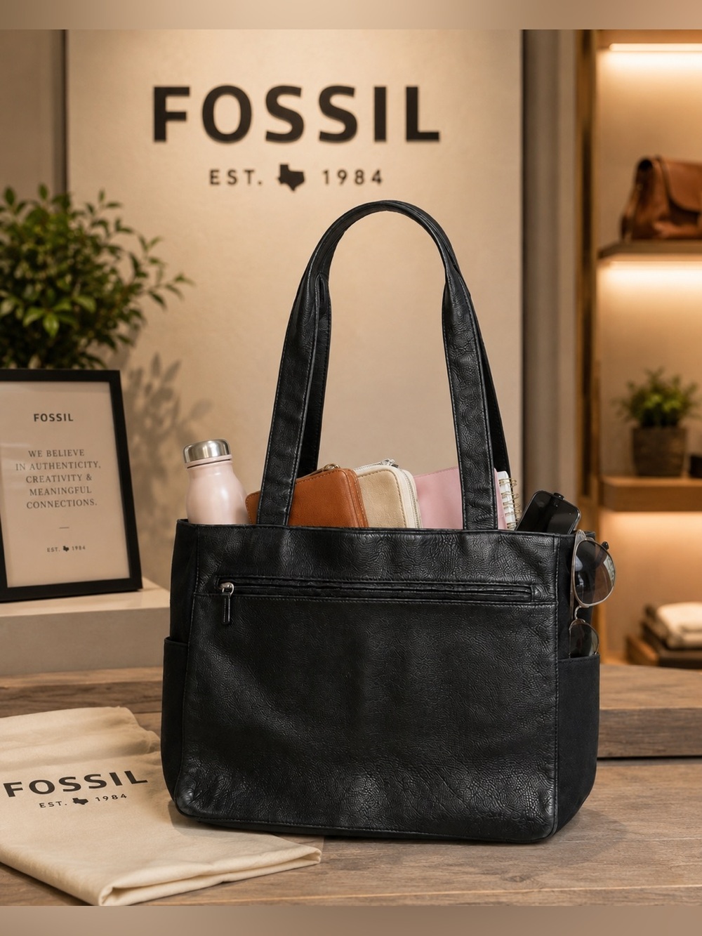 Vintage Fossil Black Leather Y2K Tote Bag